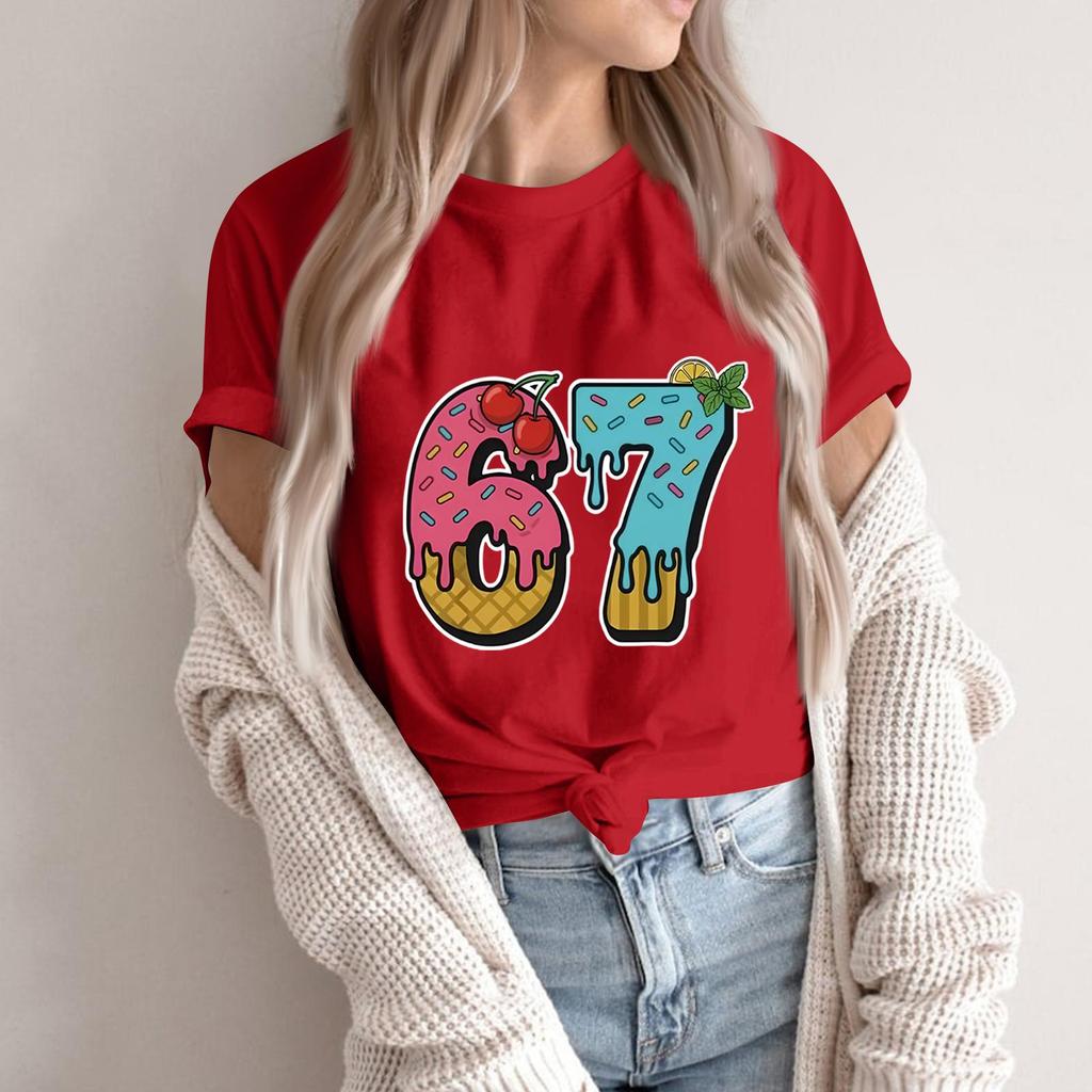 Women's Fashionable Casual Short Sleeved Printed T-Shirt Round Neck Top