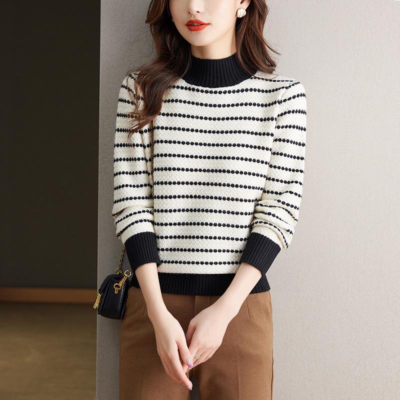 Half High Collar Autumn/Winter Sweater Bottom Shirt Striped Knitted Shirt Women's Western Style Top