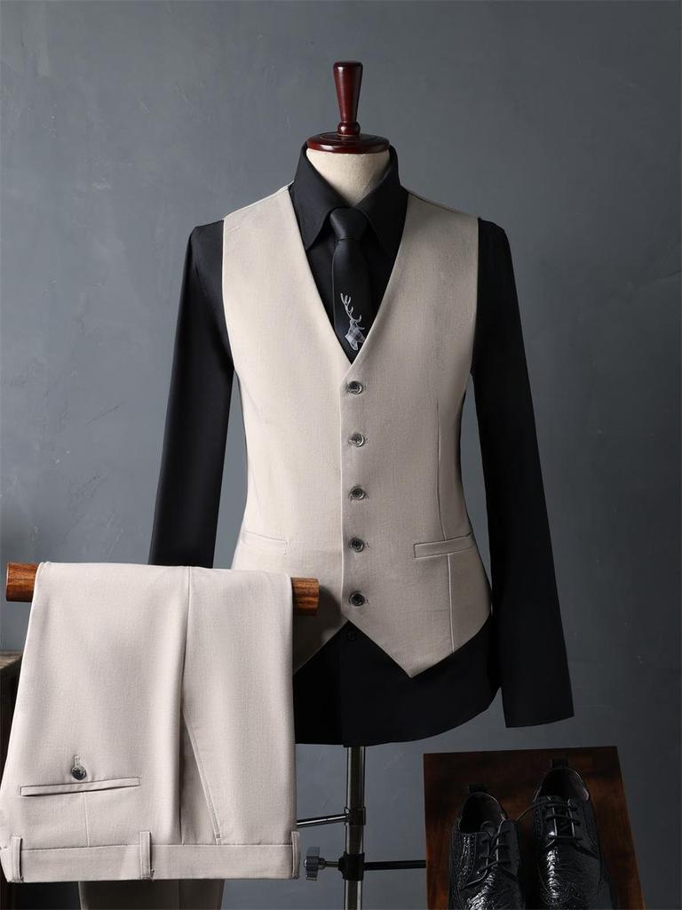 Korean-Style Apricot Double-Breasted Men's Suit, 2024 Autumn Wedding & Best Man Attire