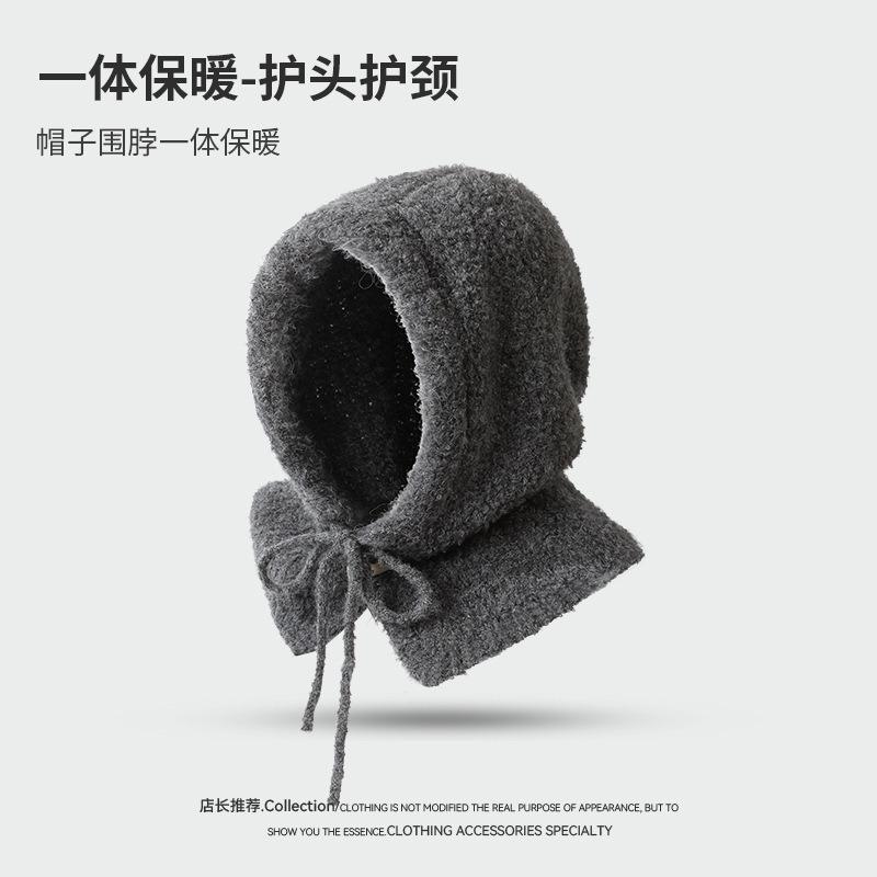 

Балаклава женская новая осенняя теплая вязаная шапка шарф интегрированная защита шеи защита ушей шерстяная шапка One size