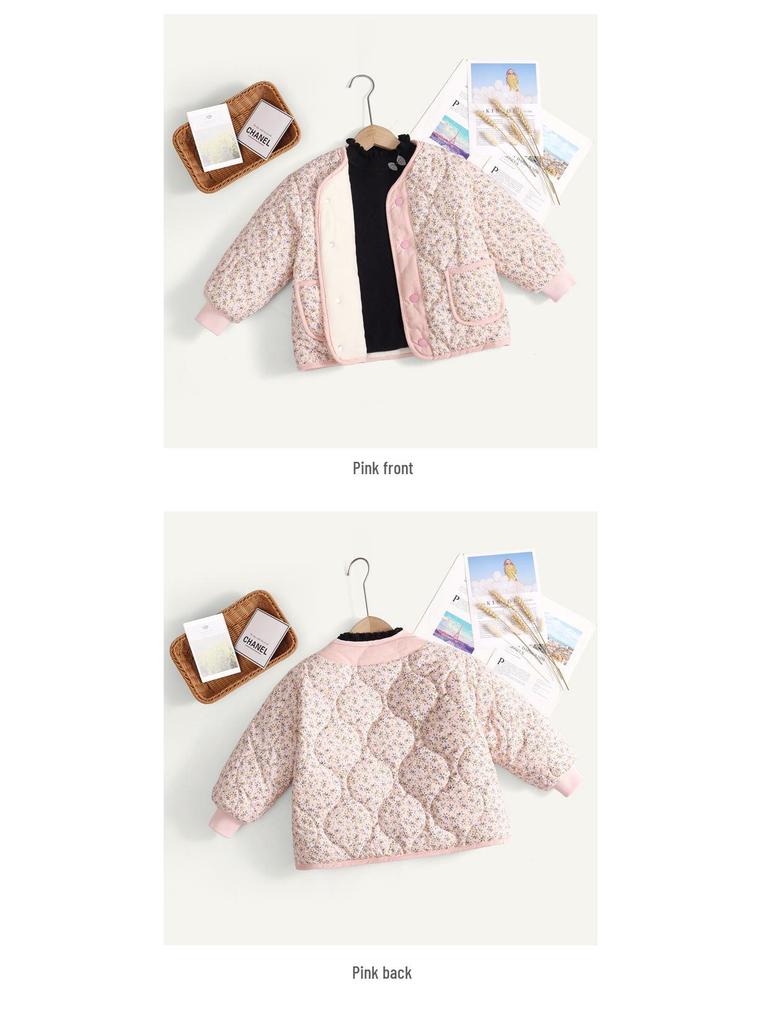 2023 Korean Style Girls' Floral Quilted Corduroy Winter Jacket