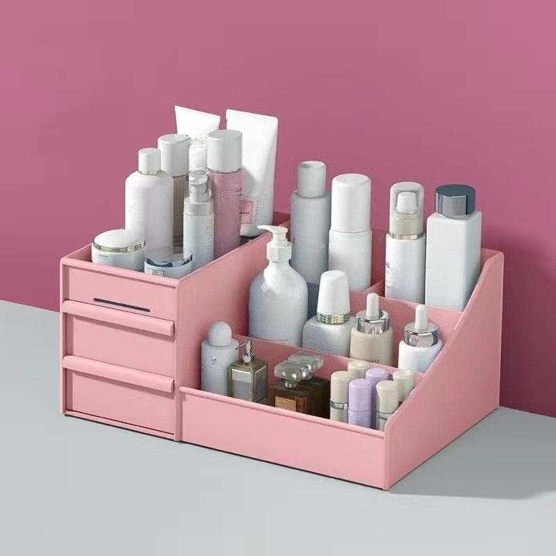 

Large Drawer Makeup Organizer Desk Storage Box with Transparent Trays for Cosmetics Lipstick Vanity Table Students Dormitory рожевий