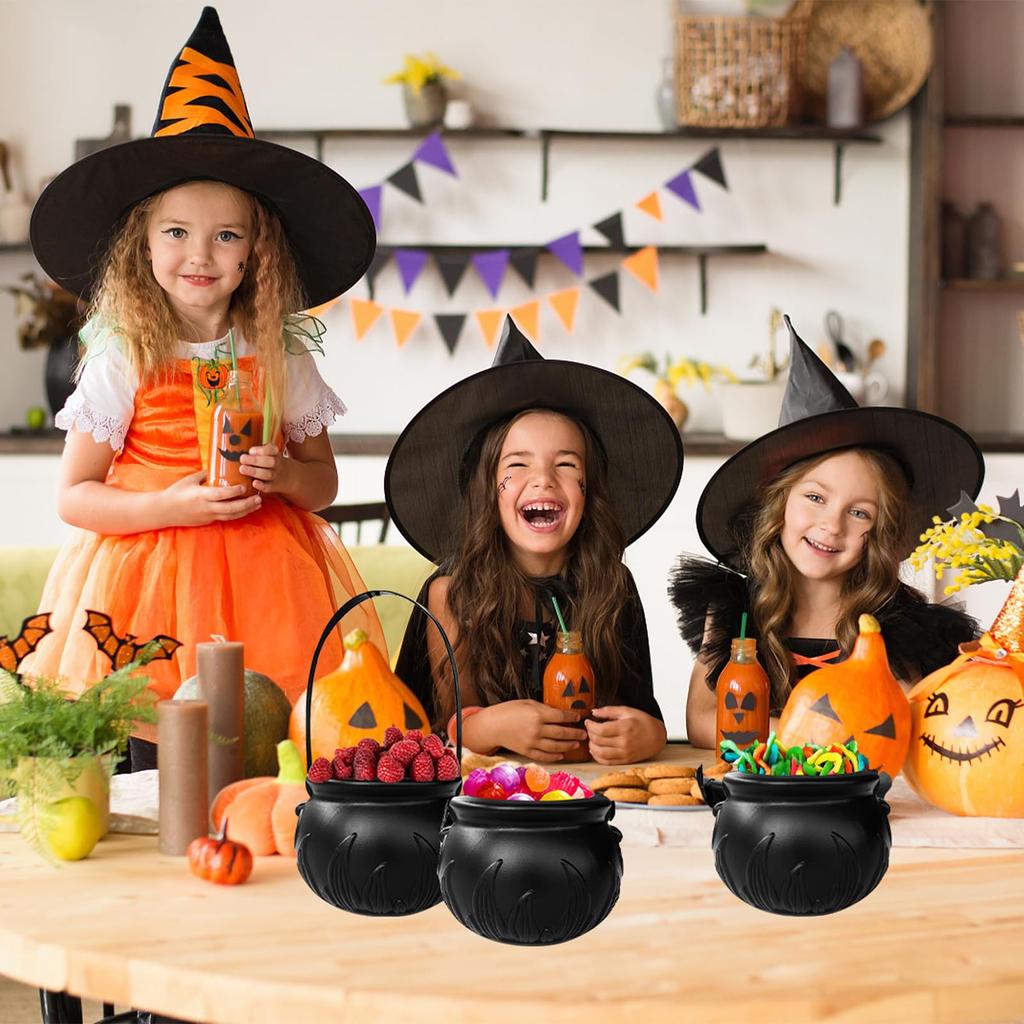 Halloween Decor 3 Sets Witches Cauldron Serving Bowls On Rack Black Plastic Candy Bucket for Home Kitchen