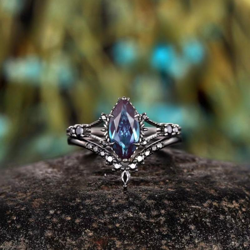 Attractive Inlaid with Blue Stone Black Color Oval Rings Set Party Rings for Women Jewelry