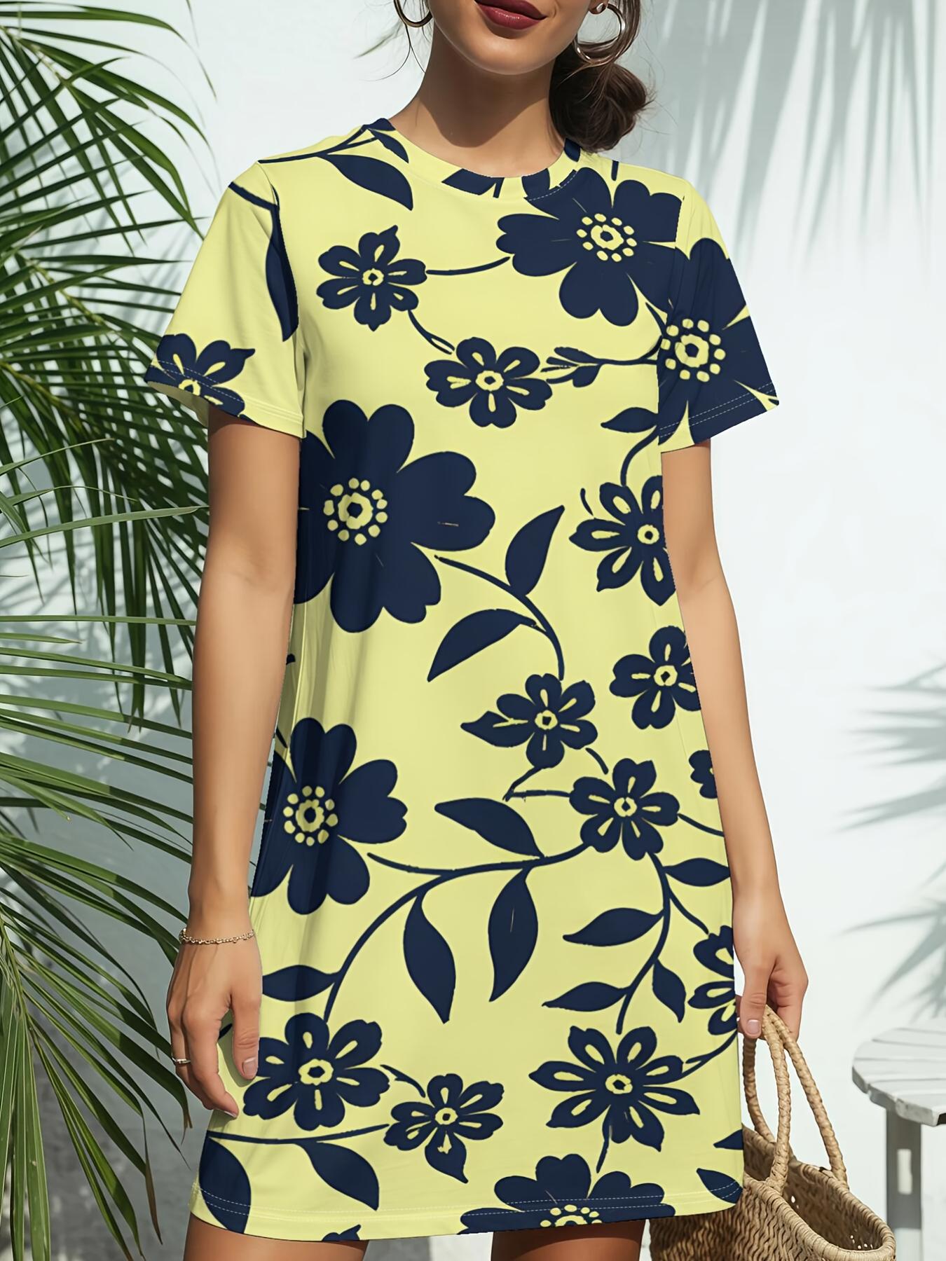 

Blue Floral Pattern Print New Women S Round Neck Short Sleeve T-Shirt Dress. American-Style Trendy Digital Print. Versatile for Spring And Summer Casu XL дубильна кора