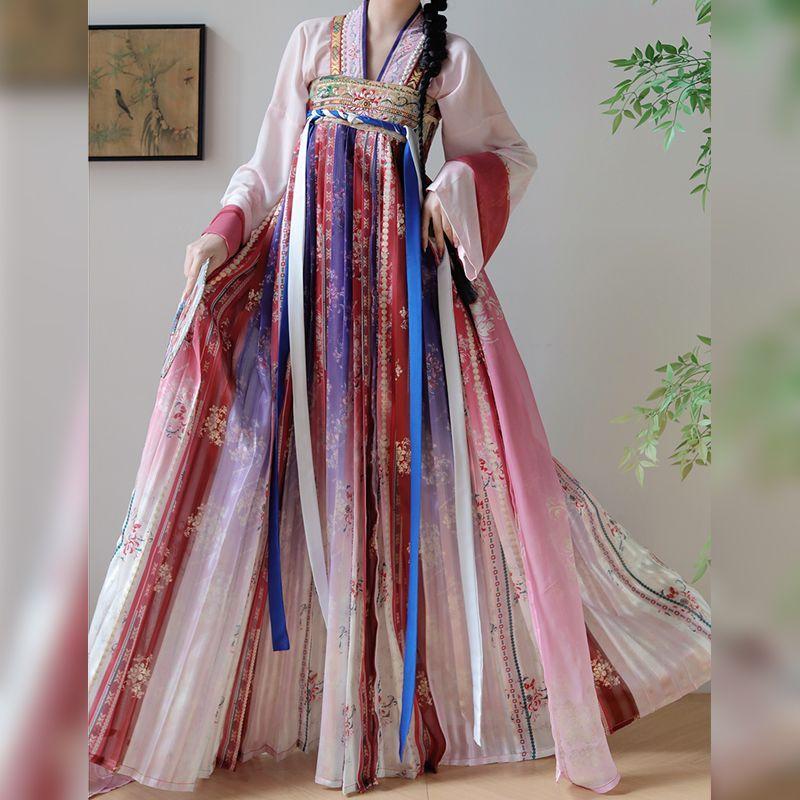 Chinesischer Tang-Dynastie-Stil Hanfu Blau Jungfräulich Serie Bestickt Brustlang Sommer Alltagsanzug
