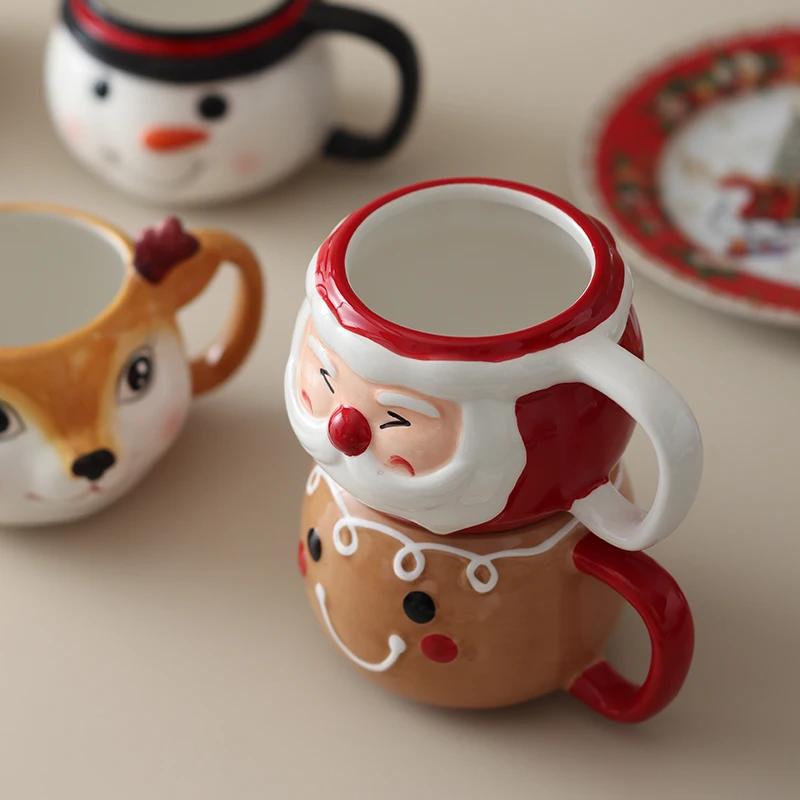 Elk Santa Claus Coffee Drink Mug Ceramic Stacked Cups Cute Cartoon Snowman Mugs Gingerbread Man Small Holiday Gifts