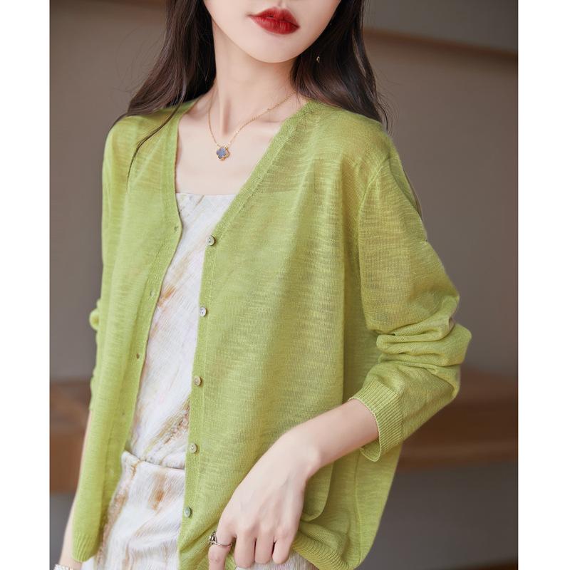 Bamboo Joint Cotton V-neck Cardigan for Women for Summer Sweater Thin Loose and Versatile Sun Protection Simple and Atmospheric Top Jacket