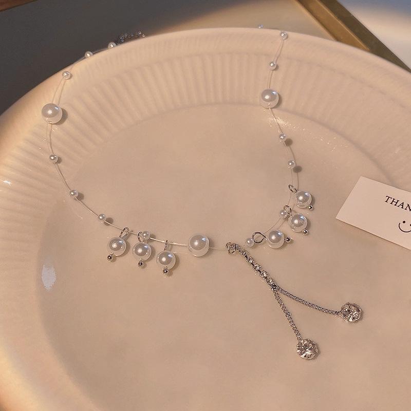 

European and American super fairy zircon fringed necklace women s retro pearl fishing line collarbone chain Spice girl jewelry