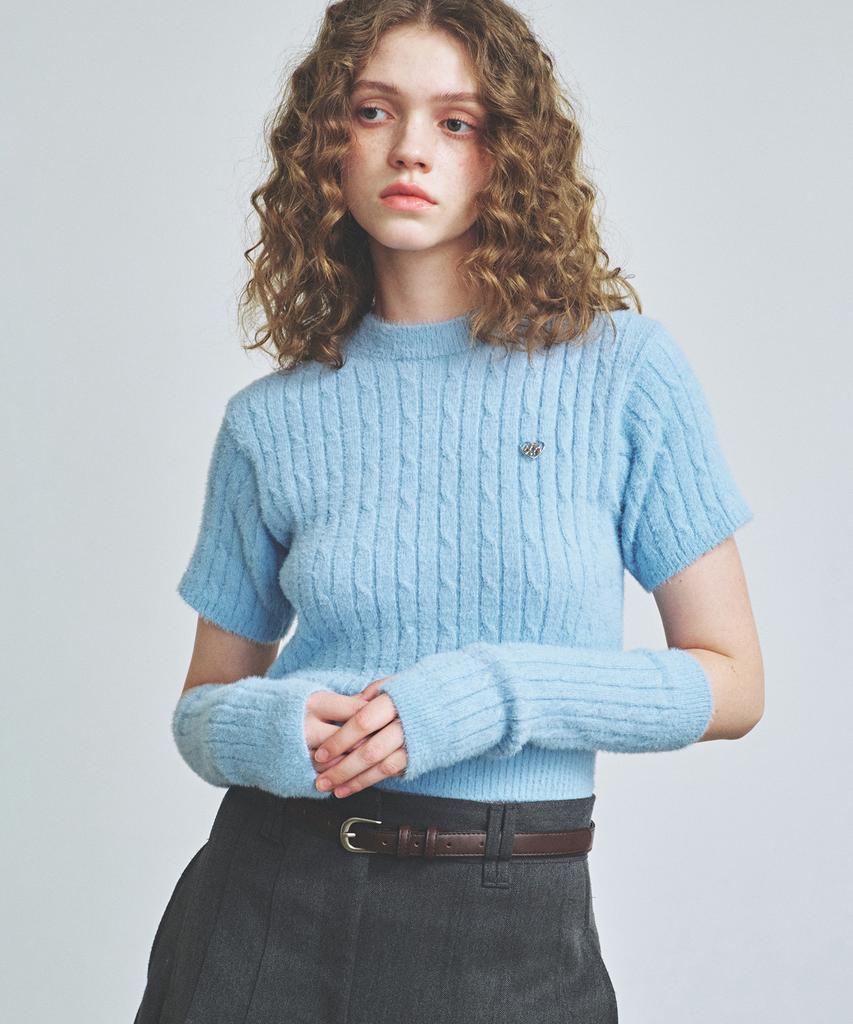 KNITTED (W) Hairy Fur Cable Crop Knit Sky
