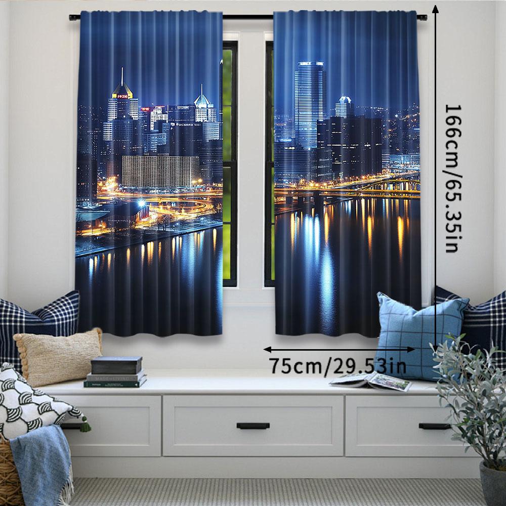 2 ks Závěs s městskou krajinou Mrakodrapy Centrum Pittsburghu Americká noční silueta Obchodní město Scenérie Pro ložnici Obývací pokoj