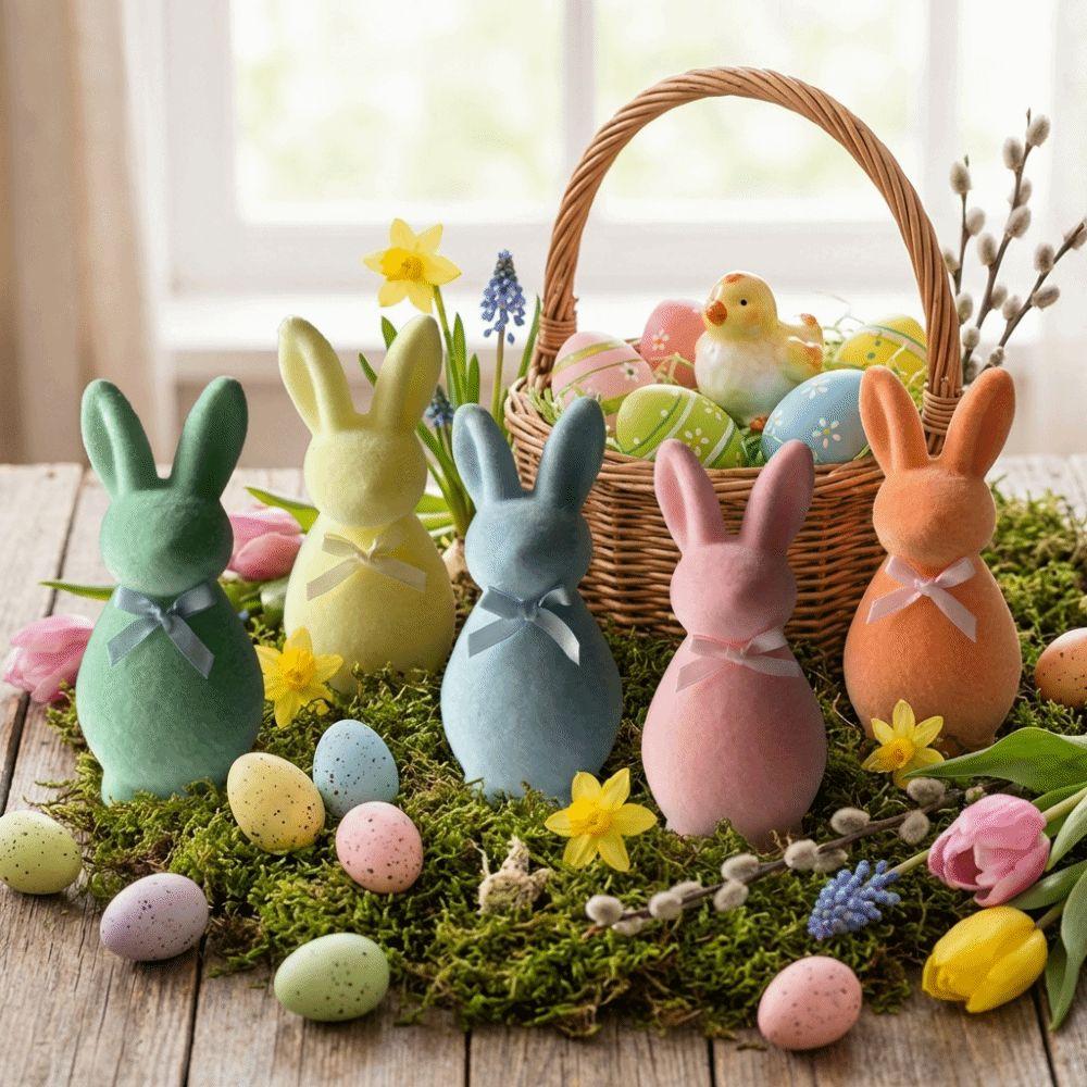 with Bow Easter Bunny Statue Plush Bunny Sculpture Flocked Rabbit Figures  Indoor Table