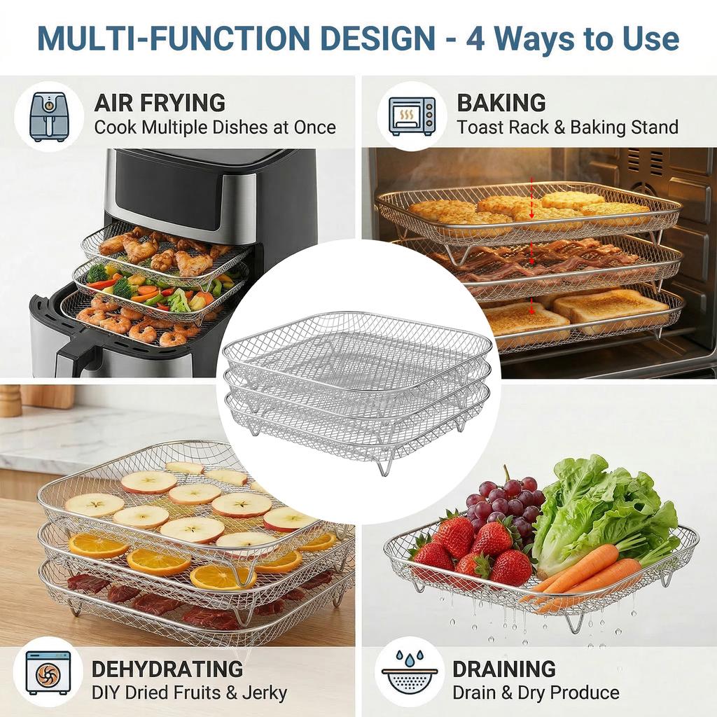 3Pcs Air Fryer Rack Drain rack Metal Oven Air Fryer Racks For Baking Stackable Grill Skewer Rack Fit All Airfryer Kitchen Gadget