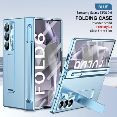 Electroplated Folding with Pen Slot for Samsung Galaxy Z Fold 6 Fold5 Fold4 3 5G Case Tempered Film Hard Protector Folding Cover Holder Stand