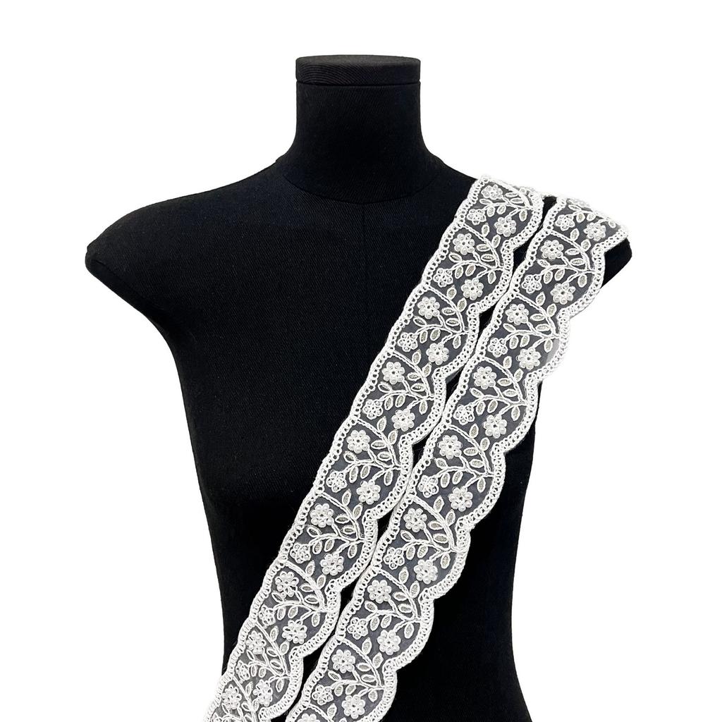 White Organza Strand Beads Three-Dimensional Flower Embroidery Barcode Clothing Cuffs Belt Decorative Lace Accessories