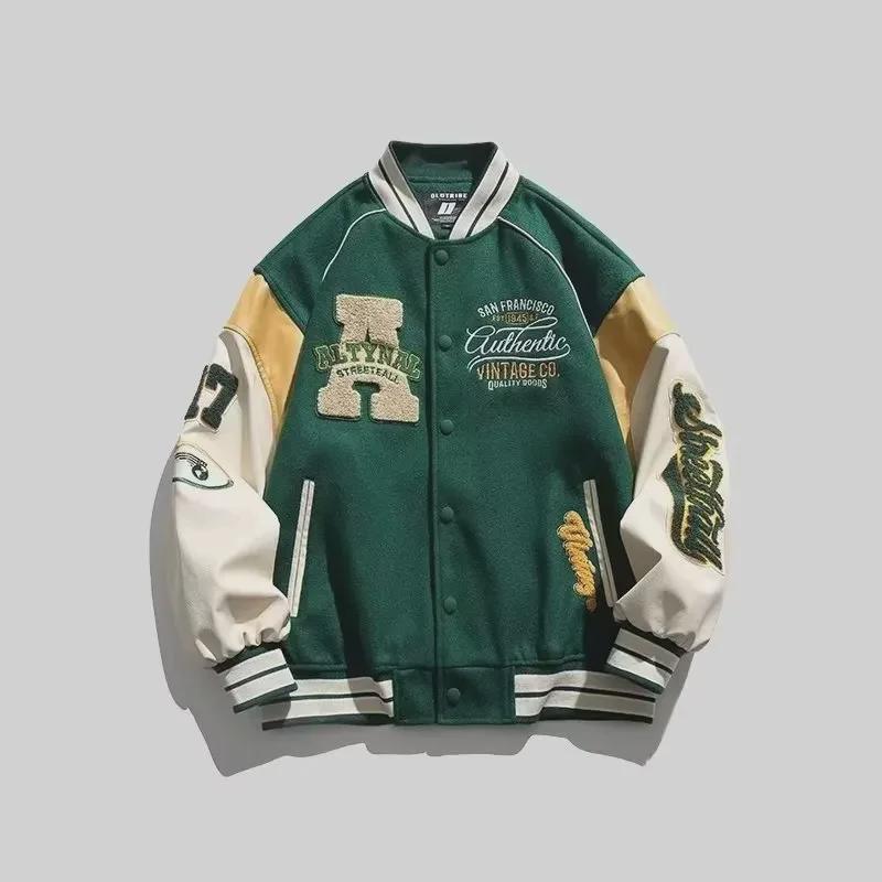 Trendige Herren-Baseballjacke mit Stickerei – Frühling/Herbst Street Style, Lockerer Schnitt, Leder Freizeitkleidung