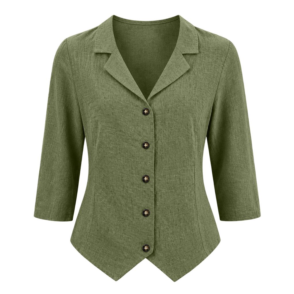 Women's Linen Button Down Shirt Casual Loose Fit Three-Quarter Sleeve Collar Blouse