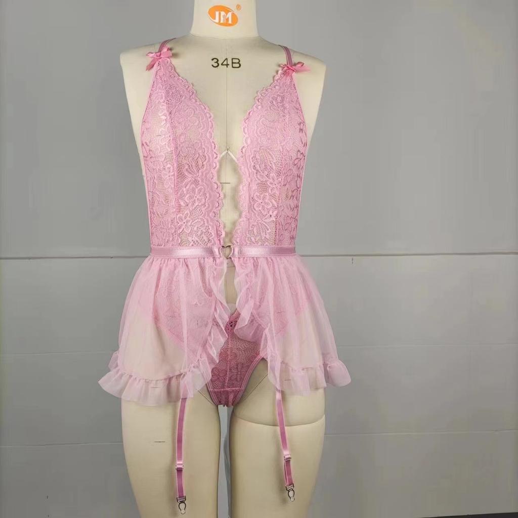 Women's Sexy Body Underwear Pink Lace Perspective Night Dress Sex Underwear Panty Set
