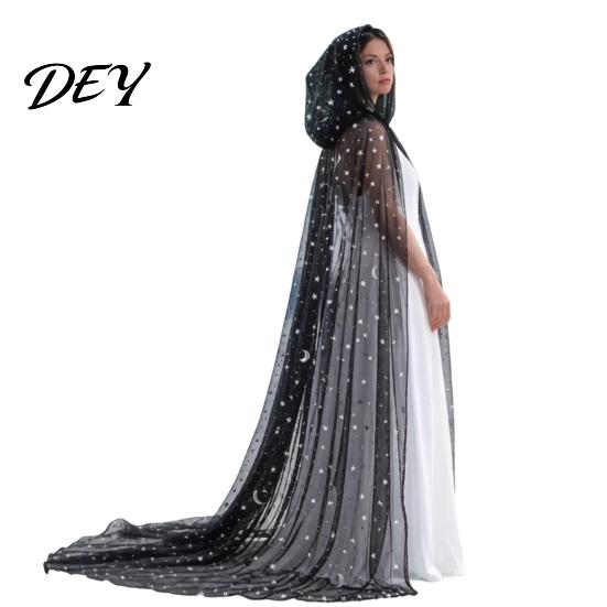 Langes wallendes Hexengewand durchgehender Umhang mit Kapuze für Damen, Stern Mond durchsichtiges Halloween-Outfit für Erwachsene Tüll Gothic Umhang Kostüm, Renaissance-Accessoires