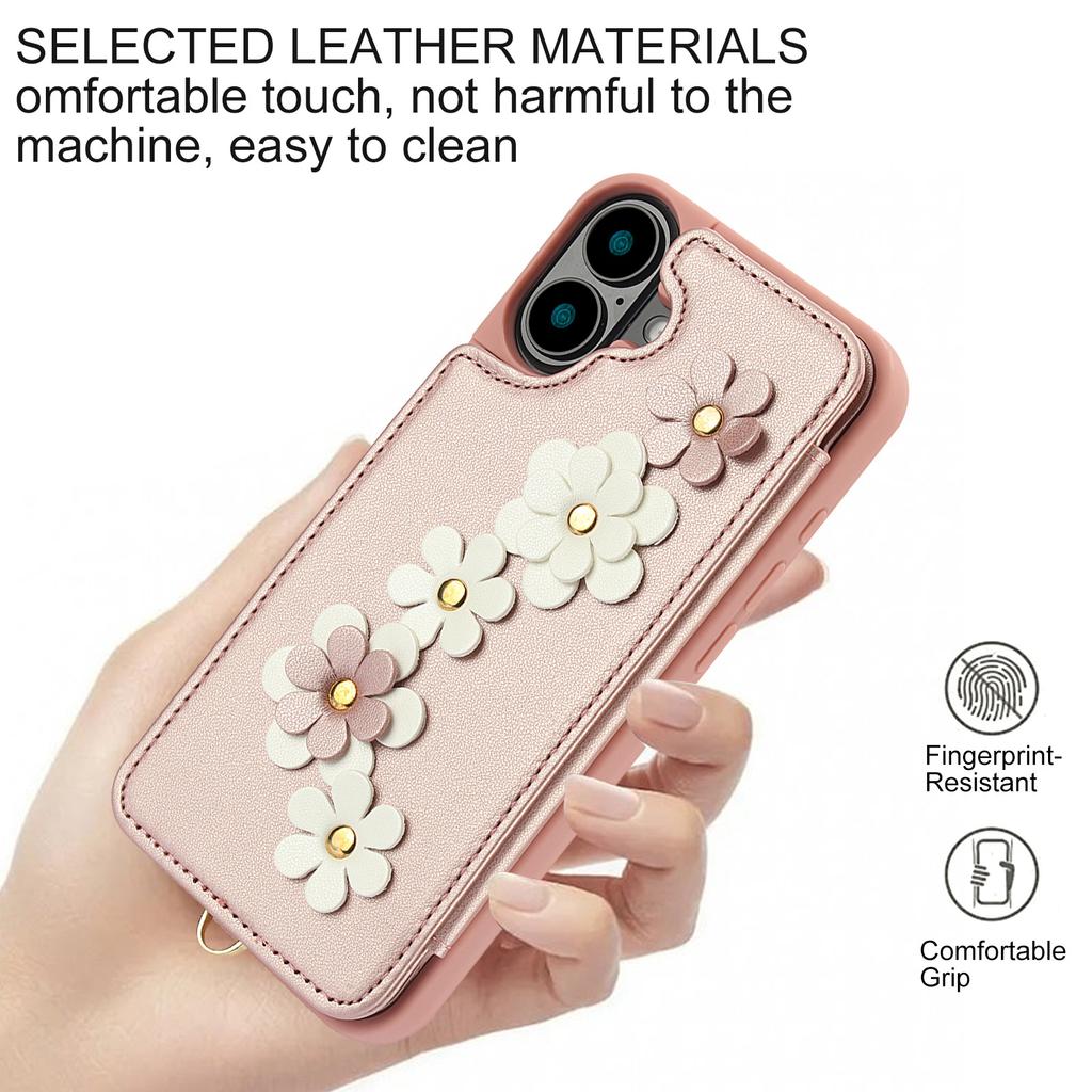 Applicable to iPhone16E multi-function mobile phone case 17Pro flower card holder anti-drop diagonal span rope portable rope