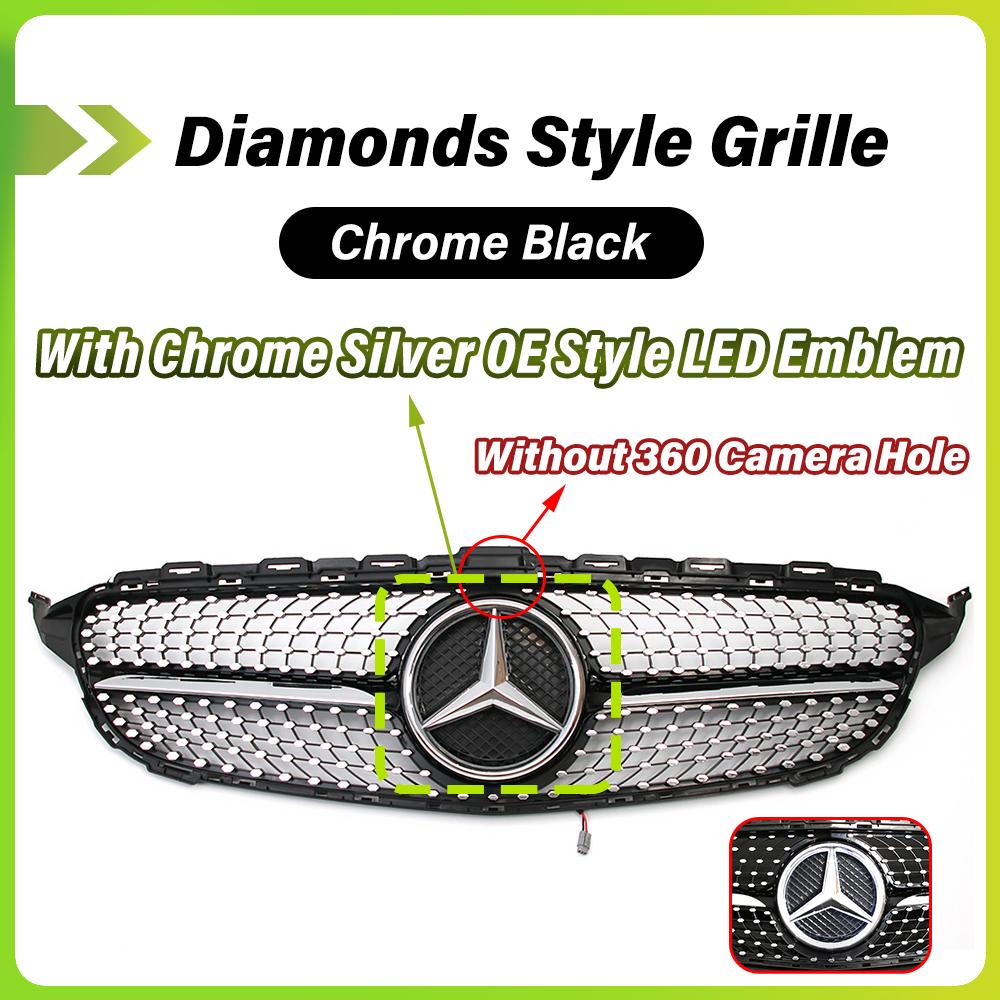 FCM5 Chrome Black Diamonds Style Bumper Grille With Illuminated LED OE Style Star Emblem For Mercedes Benz C-Class W205 2015-18 C350