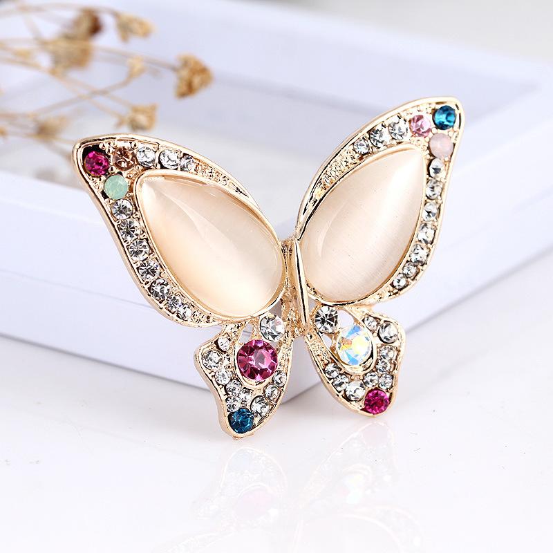 Colored Diamond Cat's Eye Butterfly Brooch Realistic Simple Stone Design Women's Fashion Temperament Versatile Daily Corsage Pin Jewelry