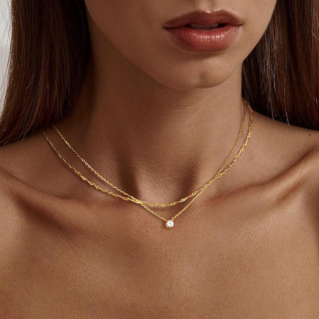 Tewiky Dainty 14k Gold Plated/Silver Cubic Zirconia Necklaces for Women | Simple CZ Jewelry Necklaces Trendy Gifts