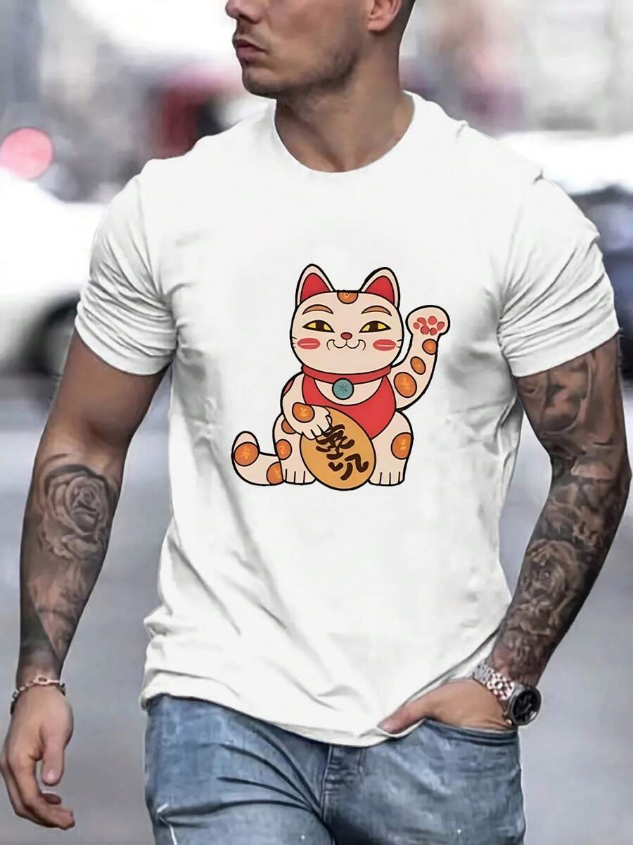 Summer Casual Short-Sleeved T-Shirt, Unisex s Lucky Cat Printed T-Shirt L