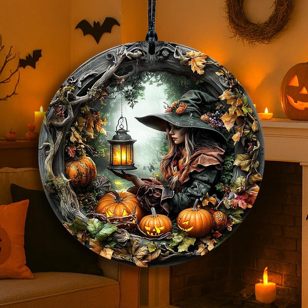 Halloween Stained Glass Window Ornament, Witch Scene with Pumpk, Acrylic Hanging Suncatcher, Round Wall Art Decor, Witchy Ornament for Home Friends