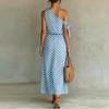 Robe Longue Décontractée pour Femme, Épaule Dénudée, Sans Manches, Coupe Ample, Imprimé Pois, Design à Nouer sur un Côté, Tissu Léger