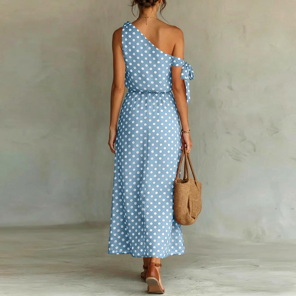 Robe Longue Décontractée pour Femme, Épaule Dénudée, Sans Manches, Coupe Ample, Imprimé Pois, Design à Nouer sur un Côté, Tissu Léger