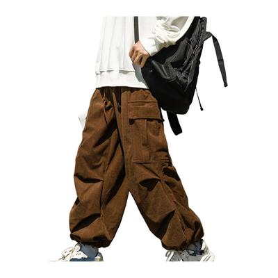 Retro Style Cargo Pants Men Oversize Pants with Multiple Pockets Solid Color Casual Wear Sports Drawstring High Street Pants