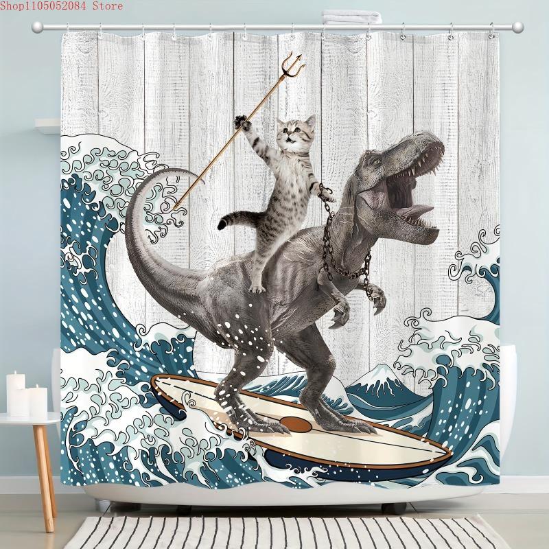 surfing dinosaur ocean shower curtain shower curtain -   With Hooks Waterproof Mildew Proof Easy Install Washable