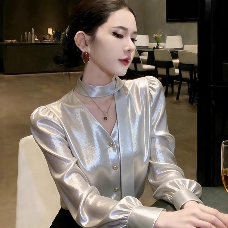

2026 Spring New Silver Ribbon Shirt, Light Luxury, High-End Fashionable, Stylish French Chic Versatile Top Silver Ribbon Shirt S