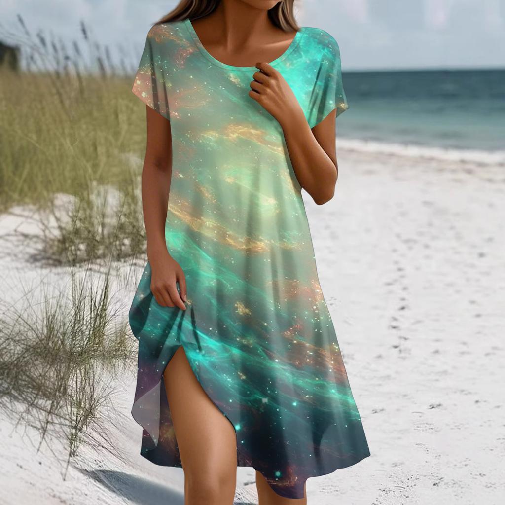 Damenmode Kurzarm Boho-Print Kleid Mit Taschen