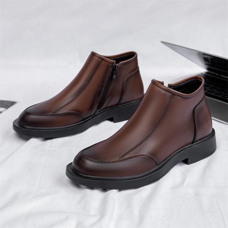 Chelsea Boots Men's 2025 Winter Fleece Leather Martin Boots Men's British Style Side Zipper Low Top Short Boots Tide