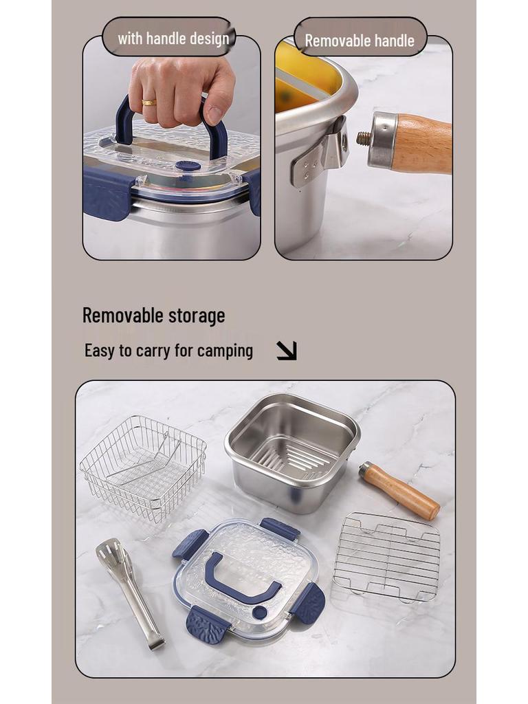 Stainless Steel Multifunctional Cookware: Square Deep Fryer, Milk Steamer, Noodle Pot, Portable Fresh-Keeping Box