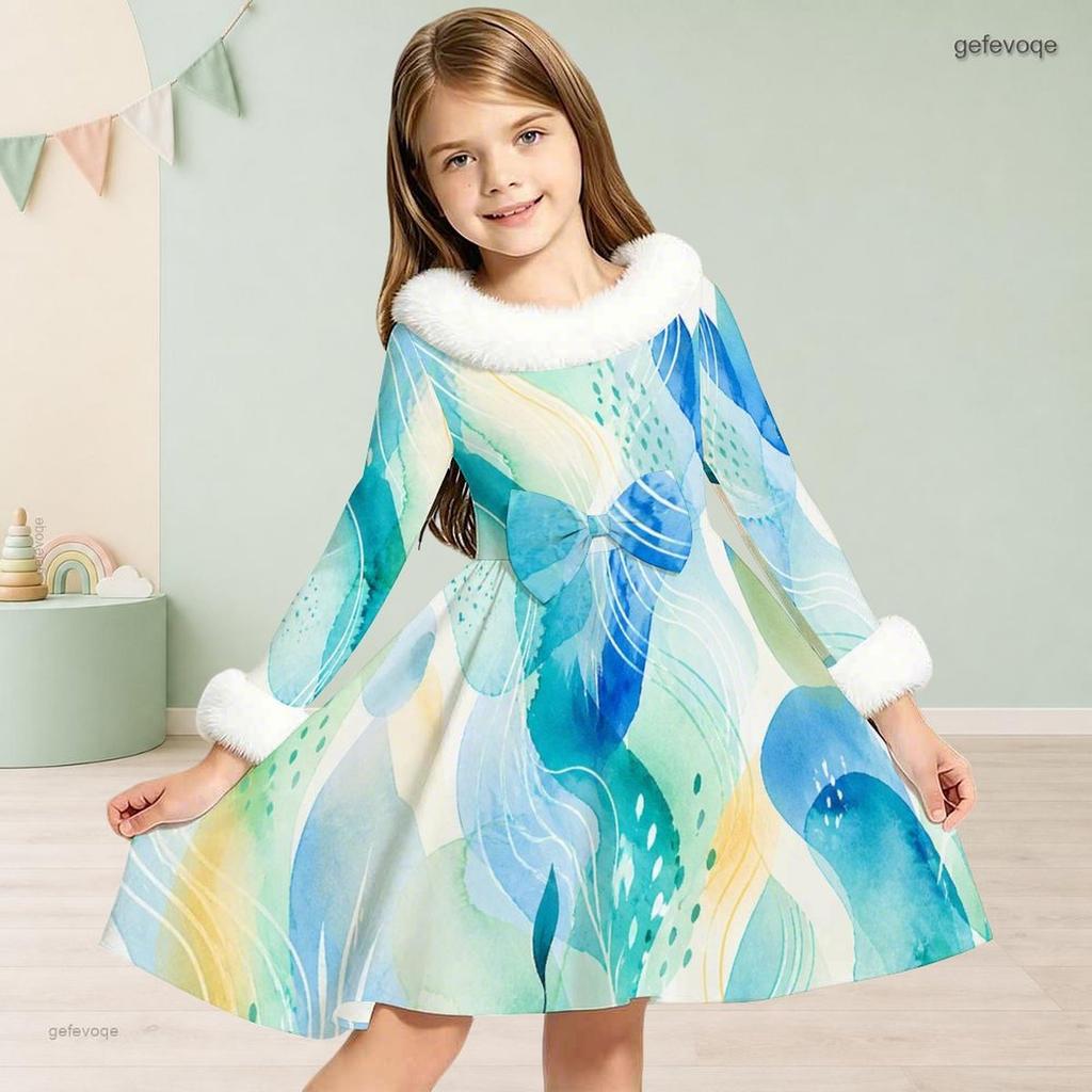 Girls Fur Trim High Neck Long Sleeve Watercolor Printed A Line Flared Dress With Waist Bow