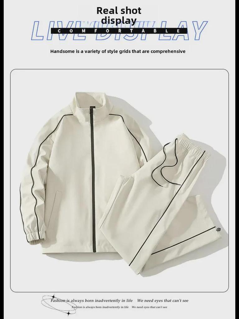 Men's Trendy Waterproof Stand Collar Jacket - Versatile Two-Piece Casual Sports Suit for Spring & Autumn, Teen/Adult, Unisex.