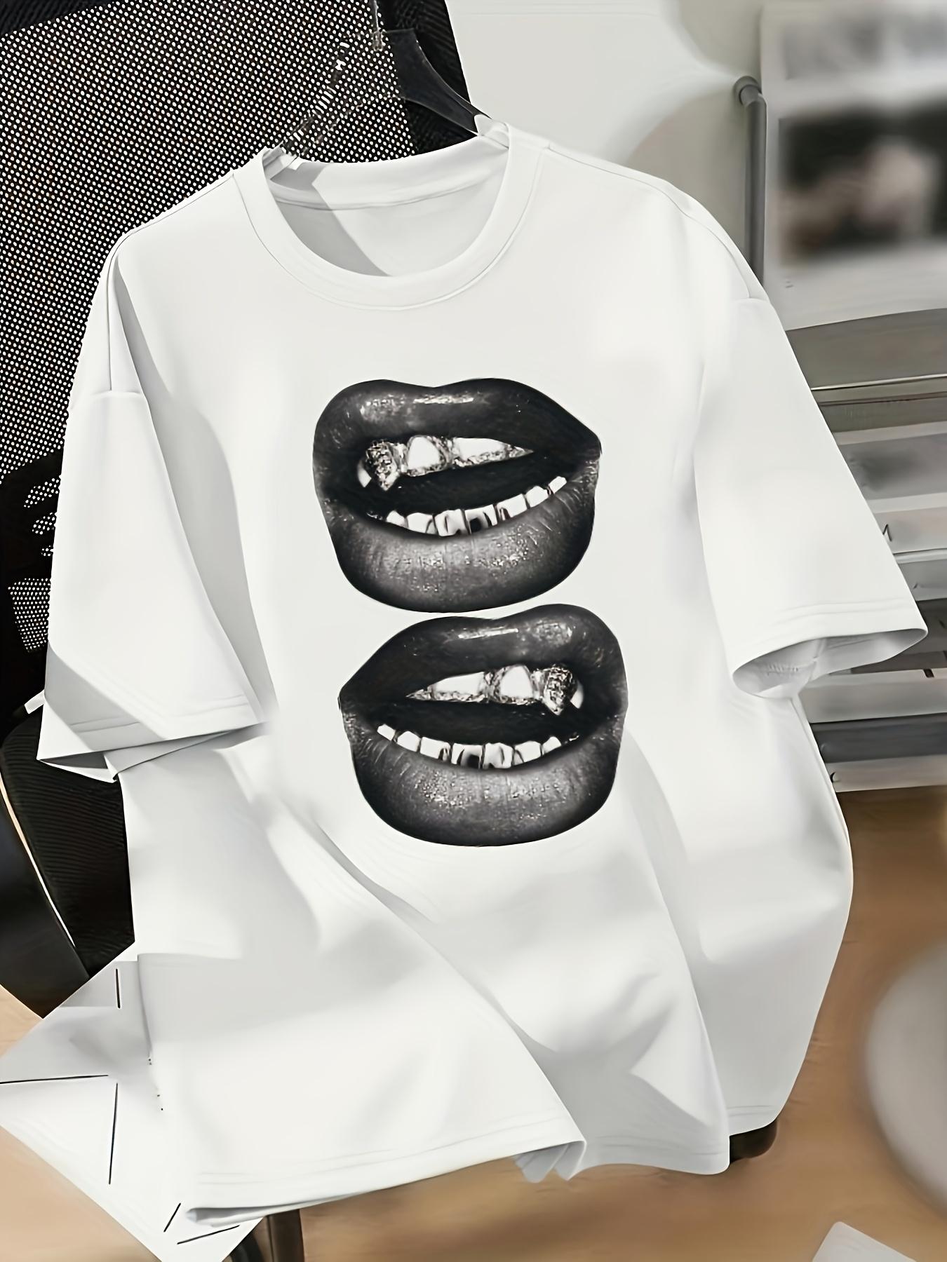 Glitzer Double Lips Damen T-Shirt - Ausgefallener Print, Lässiges Y2K Top 3XL gray