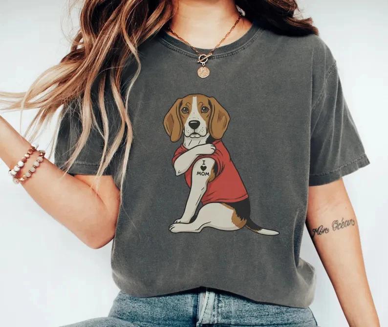 Beagle Tattoo Dog T- Shirt I Love Mom Retro Animal Lover Graphic Tee 3XL
