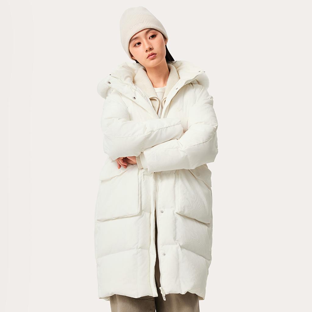 Li Ning Série Tendance Sport Décontracté Simple Couleur Unie Ample Résistant au Froid Chaud Extérieur Veste Longue en Duvet Femme Vêtements d'Extérieur Blanc Cassé AYMU192-1