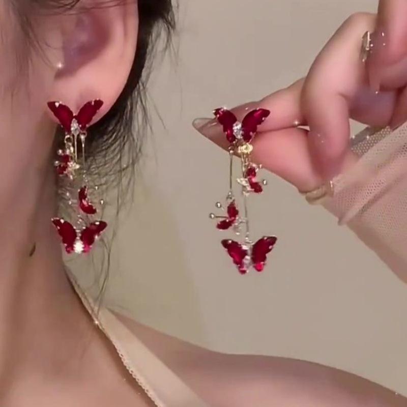 Elegant Red Zircon Butterfly Drop Earrings for Women Temperament Bow Earrings Fashion Girl Jewelry Accessories