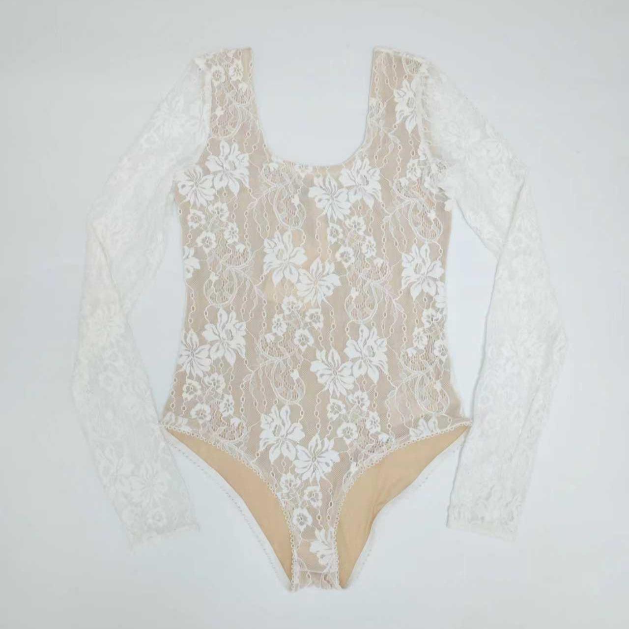 Lace U-neck Long Sleeve Stretch Bodysuit - Glacier White/Deep Black Medium