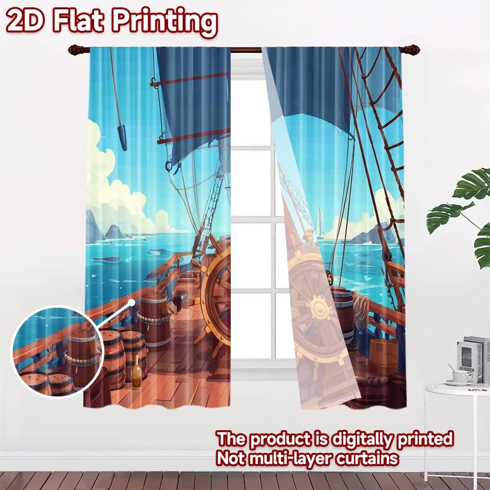 2D Flat Printing 2pcs Curtain Party Window Curtains Sailing Ship Deck Digital Printed Polyester Drapes Birthday Party for Living