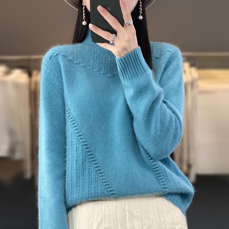 Women's 100% Pure Wool Jacquard Sweater - Soft, Fluffy, Thickened Half-High Collar, Loose Fit, Solid Color.