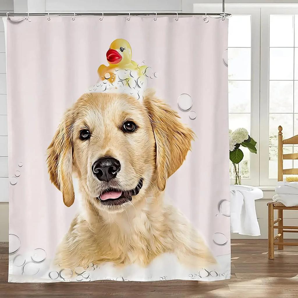 Funny Dog Shower Curtains Cute Golden Retriever Bathing Animal Pet Modern Polyester Cloth Bathroom Decor Bath Curtain with Hooks