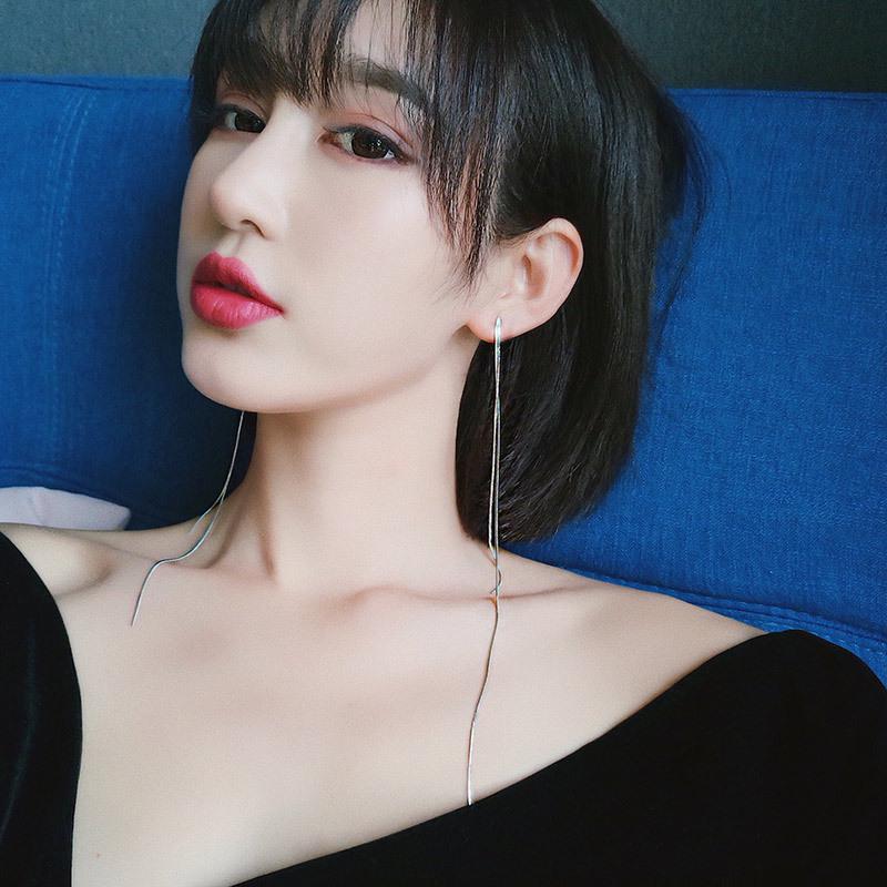 Minimalist 925 Silver Needle Extra Long Chain Tassel Earrings