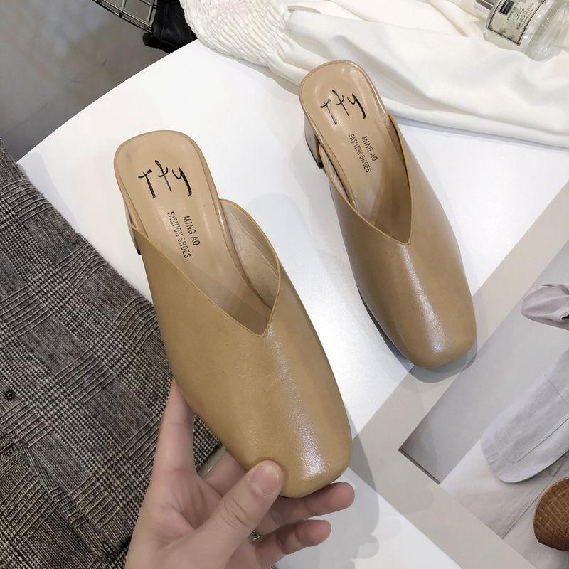 Square Head High Heel Internet Celebrity Sandals Grandma Shoes Thick Heel Bag Head Half Slippers Women's Medium Heel Retro Outer Wear Lazy Muller Shoe