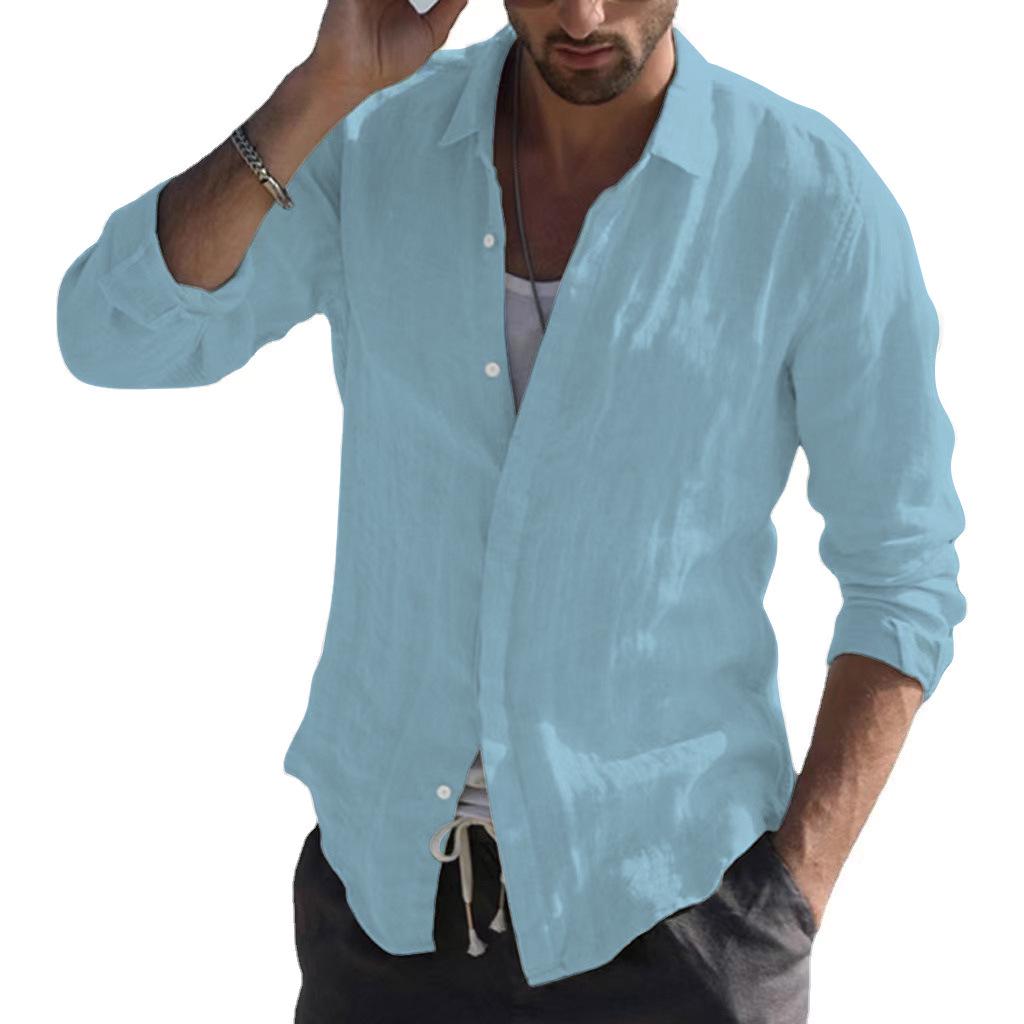 Camisa informal de algodón de manga larga de color liso para hombre de estilo europeo y americano - Envío gratuito